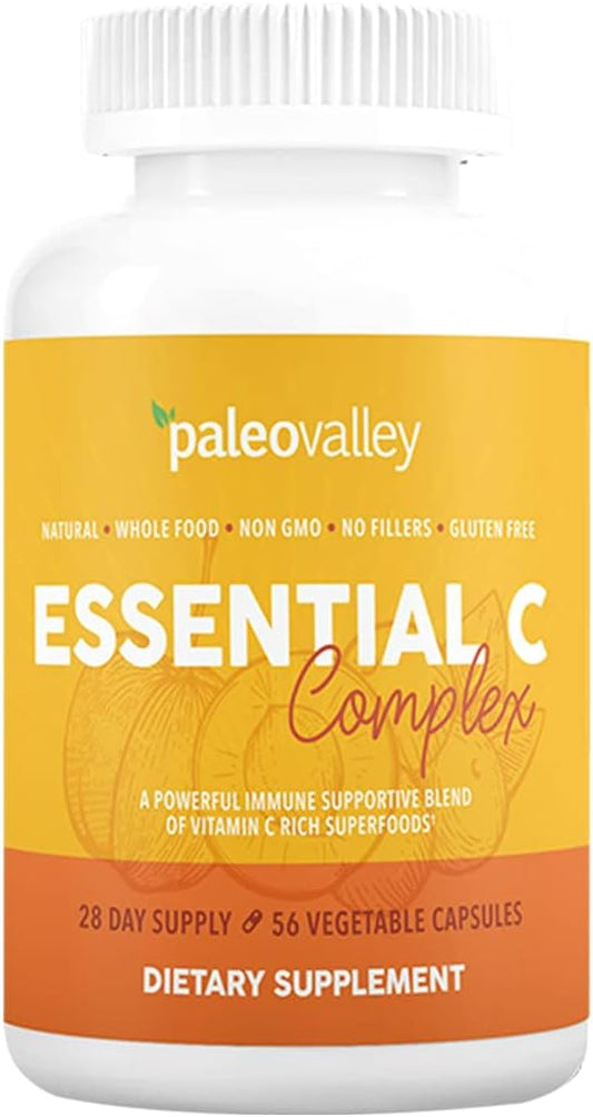 Paleovalley Essential C Complex - Vitamin C Supplement for Immune Support - 1 Pack, 450mg - Organic Superfoods Unripe Acerola Cherry, Camu Camu, Amla Berry - No Synthetic Ascorbic Acid - USA Made