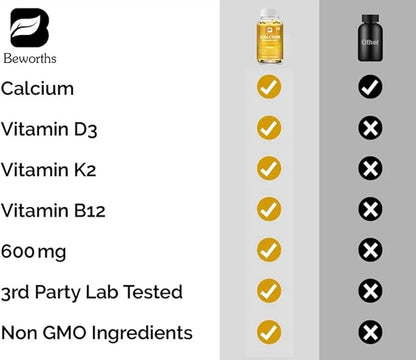 Calcium, Vitamin D3, K2 & B12 Supplement, Supports Bones, Teeth, Joints & Immune Health, Non-GMO Softgels, Yellow