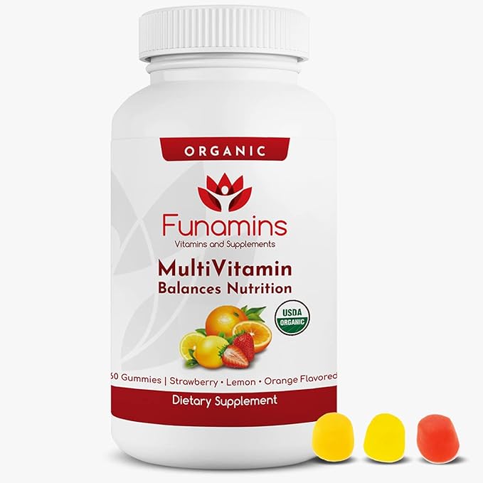 Organic Gummy MultiVitamins, Blend of 11 Essential Nutrients, for Kids and Adults, Vegan, 60 Count; Assorted Strawberry, Lemon, Orange Flavors