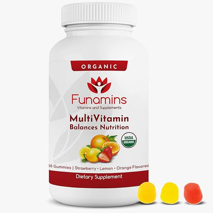 Organic Gummy MultiVitamins, Blend of 11 Essential Nutrients, for Kids and Adults, Vegan, 60 Count; Assorted Strawberry, Lemon, Orange Flavors