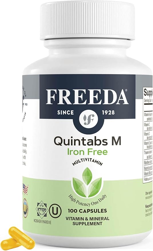 FREEDA One Daily Multivitamin Without Iron – Quintabs-M Iron-Free – Kosher, Balanced Multivitamin Supplements for Adults, Men & Women's Health Complete Multivitamins (100 Capsules)