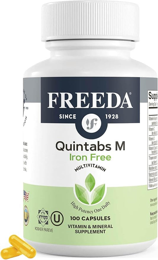 FREEDA One Daily Multivitamin Without Iron – Quintabs-M Iron-Free – Kosher, Balanced Multivitamin Supplements for Adults, Men & Women's Health Complete Multivitamins (100 Capsules)