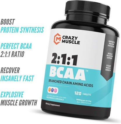 Crazy Muscle BCAA Pills with The Perfect 2:1:1 Ratio of Branched Chain Amino Acids Supplement - 1000mg of BCAAs per Pill (Better Than Capsules) 120 Tablets
