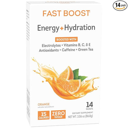 WonderSlim FAST BOOST Energy & Hydration Drink Mix, Orange, with Electrolytes, Vitamins B, C & E, Antioxidants, No Sugar (14ct)