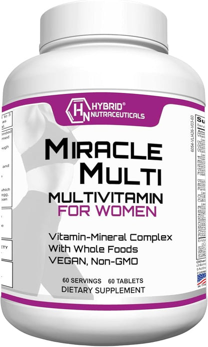 Hybrid Nutraceuticals MiracleMulti Women Multivitamin with Probiotics, Biotin, Folic Acid, Enzymes + Fruit & Vegetable Blend - Immune Support, Heart Health, Energy: 60 Servings (Non-GMO)