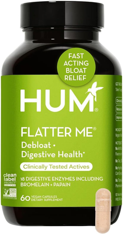 HUM Flatter Me Digestive Enzymes Bloating Supplement - Fast-Acting Bloat Relief for Digestive Health & Debloating Multi Enzyme | Bloat Pills, Anti Bloat Pills, Vegan 60 Servings