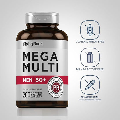 Piping Rock Multivitamin for Men Over 50+ | 200 Caplets | Mega 50 Plus Daily Multimineral | with Magnesium, Calcium, Zinc | Non-GMO, Gluten Free Supplement