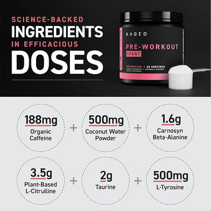 Kaged Pre-Kaged Sport Pre Workout Powder | Watermelon | Energy Supplement for Endurance | Cardio, Weightlifting Sports Drink | 20 Servings