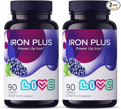 LIVS Iron Plus Gummy Vitamin | Iron with Vitamin C | Made in USA | Iron Gummies for Adults & Kids | All-Natural, Gluten-Free, Non-GMO & Vegan Iron Supplement Gummies | Grape Flavored, 180 Count