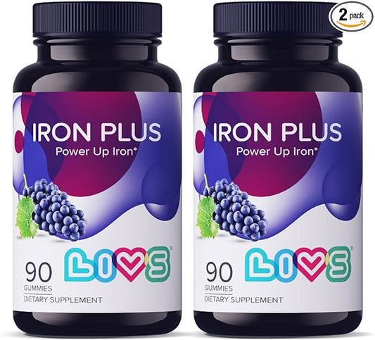 LIVS Iron Plus Gummy Vitamin | Iron with Vitamin C | Made in USA | Iron Gummies for Adults & Kids | All-Natural, Gluten-Free, Non-GMO & Vegan Iron Supplement Gummies | Grape Flavored, 180 Count