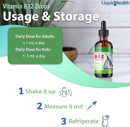 LIQUIDHEALTH Vitamin B12 Methylcobalamin Liquid Drops with Sublingual Hydroxocobalamin - Boost Energy, Support Immune System, Improve Memory & Concentration - Vegan, Sugar Free, Non-GMO (2 Pack)