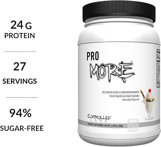 CONTROLLED LABS PROmore Protein Powder (27 Servings) - 24g Protein Per Scoop - 94% Sugar-Free, Premium Smooth-Drink Formula (Chocolate Ice Cream Sundae) (27 Servings, French Vanilla Ice Cream Sundae)