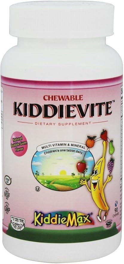 Maxi Health Chewable KiddieVite - One-a-Day Kids Multivitamin with 10 mg Iron, Zinc, Magnesium - Immune Support - Vitamins A, C, D3, E, B6, B12 - Bubble Gum Flavor - Kosher - 90 Chewies