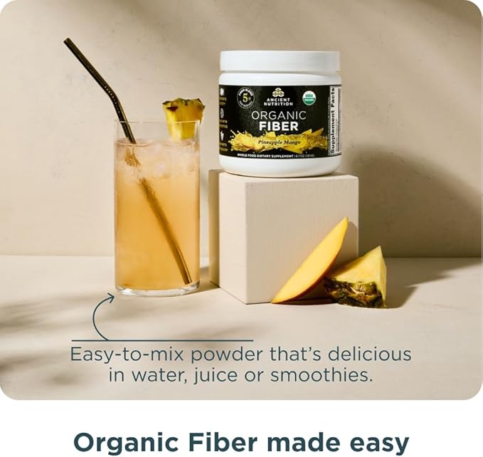 Ancient Nutrition Organic Fiber Powder, Pineapple Mango, Soluble Fiber from Acacia & Konjac Root, Supports Digestive Health, Reduces Bloating, 6.4 oz