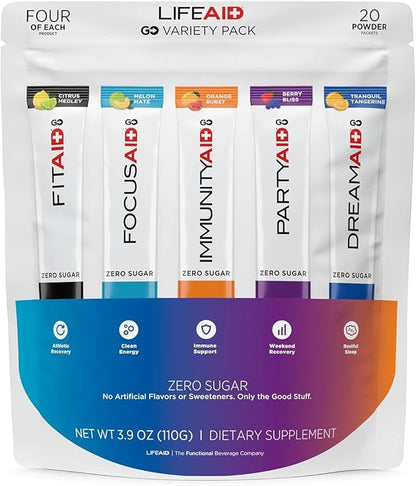 LIFEAID Rainbow Variety Pack Mix, All Zero Sugar, Post Workout Recovery, Nootropics Based Focus, Immune Boost, Dream & Sleep Aid, Travel Size, No Artificial Sweeteners & Flavors, 20 Count