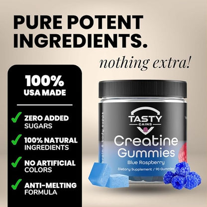 Creatine Infused Gummies, 90g of Creatine, Non-GMO, Vegan - Build Muscle & Boost Strength for Men & Women (1g Creatine Monohydrate Per Gummy) Made in USA