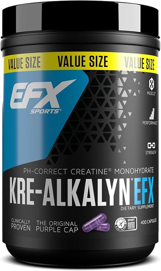EFX Sports Kre-Alkalyn EFX | pH Correct Creatine Monohydrate Pill Supplement | Strength, Muscle Growth & Performance | 200 Servings, 400 Capsules