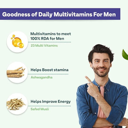 Daily Men’s Multivitamins Tablets | Multivitamins for Men’s Daily Stamina, Improved Energy & Better Immunity | with Daily 23 Minerals, Ashwagandha, Akarkara & Choline, 60 Capsules