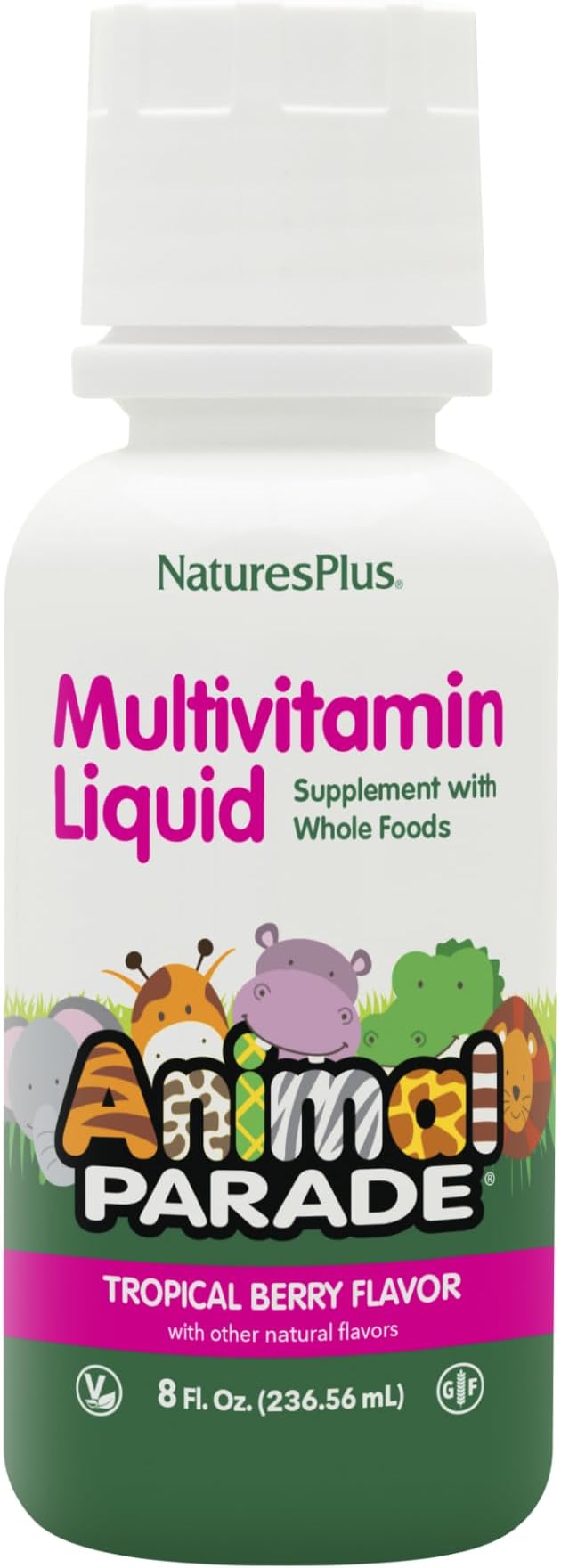 NaturesPlus Animal Parade Children's Liquid Multivitamin - Tropical Berry Flavor - 8 fl oz - Whole Food Supplement - Vegetarian, Gluten Free - 16 Servings