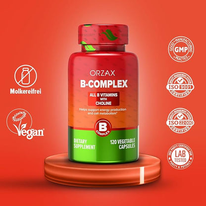 ORZAX Vitamin B Complex Supplement for Women & Men with Choline, Inositol - Balanced Energy Metabolism - Immune & Nerve Health (120 Veg Capsules)