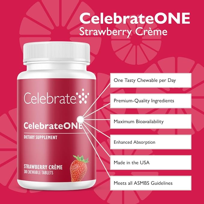 Celebrate Vitamins CelebrateONE Chewables, Iron Free - One A Day Bariatric Multivitamin, Essential Vitamins & Minerals - Gastric Bypass & Sleeve Gastrectomy Supplement - Strawberry Creme (30 Tablets)