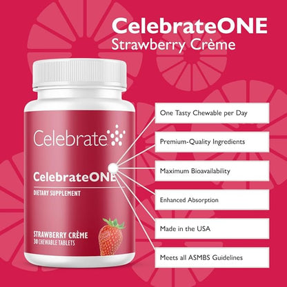 Celebrate Vitamins CelebrateONE Chewables, Iron Free - One A Day Bariatric Multivitamin, Essential Vitamins & Minerals - Gastric Bypass & Sleeve Gastrectomy Supplement - Strawberry Creme (30 Tablets)