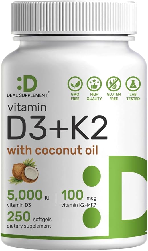 DEAL SUPPLEMENT Sunshine Vitamin D – Vitamin D3 5,000 IU with K2 MK7 100mcg – Infused with Virgin Coconut Oil – Support Healthy Bones, Teeth, and Immune System – Easy to Swallow