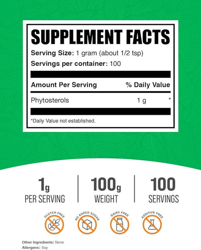 BulkSupplements.com Phytosterols Powder - Phytosterols Supplement, Beta Sitosterol Supplement - Sourced from Soy, Gluten Free, 1000mg per Serving, 100g (3.5 oz) (Pack of 1)
