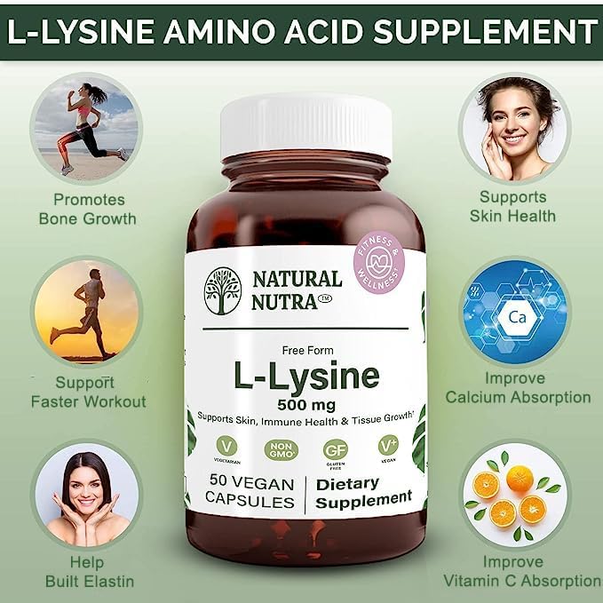 Natural Nutra L Lysine HCl, Promotes Bone Health and Growth, Helps Built Collagen, Improve Calcium Absorption, Non-GMO, Vegan, 500 mg, 50 Capsules.