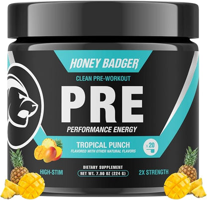 Honey Badger Pre Workout Powder, Keto Vegan Preworkout for Men & Women, Beta Alanine & Caffeine, Sugar Free Natural Energy Supplement, Tropical Punch (High-Stim)