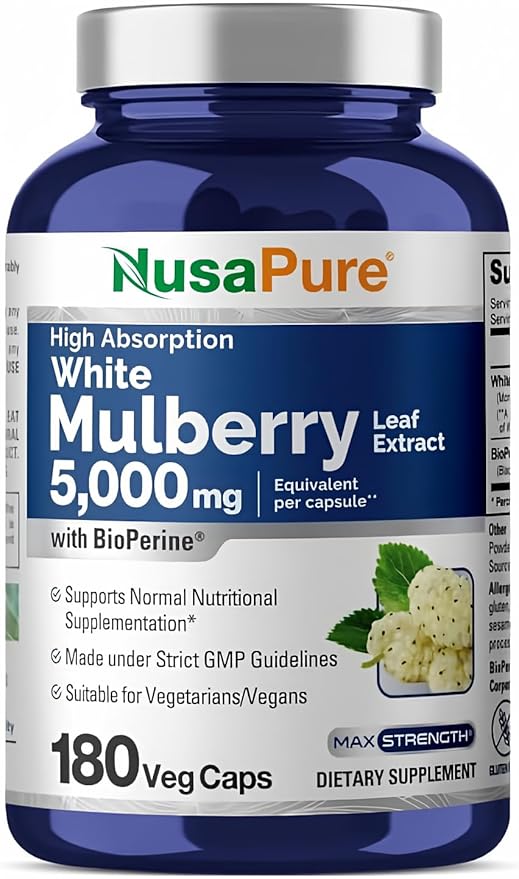 NusaPure White Mulberry Leaf Extract 5,000mg 180 Veggie Caps (Vegetarian, Bioperine)