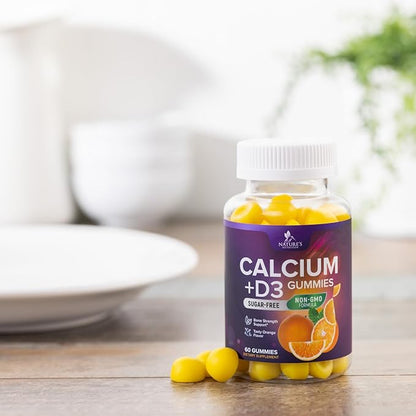 Sugar Free Calcium Gummy Bites Plus 400 IU Vitamin D3, Bone Health & Immune Support, Supports Bone Strength - Chewable Calcium Nutrition Supplement, Non-GMO, Orange Flavor Chews - 60 Gummies