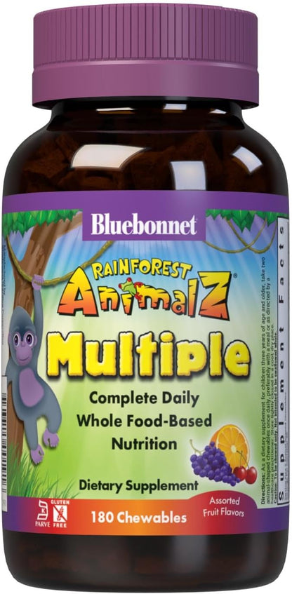 Bluebonnet Nutrition Rainforest Animalz Whole Food Based Multiple Chewable Tablet, Kids Multivitamin & Mineral, Vitamin C, D3, Iron, Gluten Free, Milk Free, Kosher, 180 Chewable Tablets, Mixed Flavor
