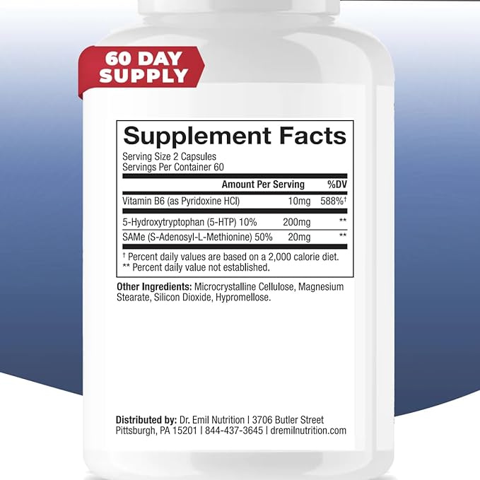 DR. EMIL NUTRITION 200 MG 5-HTP Plus with SAM-e for Mood, Stress, and Sleep - 5HTP Supplement with Vitamin B6-120 Vegan Capsules, 60 Servings