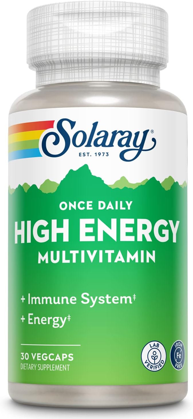 SOLARAY Once Daily High Energy Multivitamin, Iron Free, Immune System and Energy Support, Whole Food and Herb Base Ingredients, Men’s and Women’s Multi Vitamin (30 Servings, 30 VegCaps)
