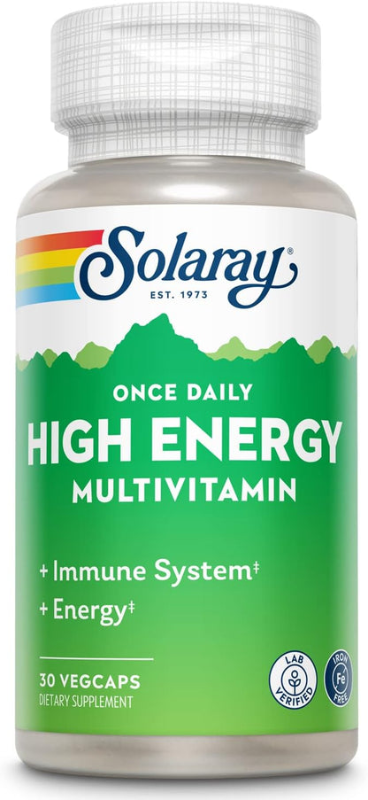 SOLARAY Once Daily High Energy Multivitamin, Iron Free, Immune System and Energy Support, Whole Food and Herb Base Ingredients, Men’s and Women’s Multi Vitamin (30 Servings, 30 VegCaps)