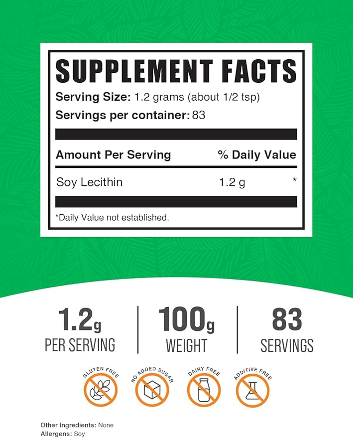 BulkSupplements.com Soy Lecithin Powder - Lecithin Supplement, Lecithin 1200mg Powder - Lecithin Powder Food Grade, Gluten Free, 1200mg per Serving, 100g (3.5 oz) (Pack of 1)