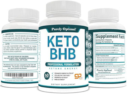Purely Optimal Keto BHB Exogenous Ketones Supplement - Keto Diet Pills for Ketosis, Energy, Focus, Metabolism - for Women and Men (120 Capsules)