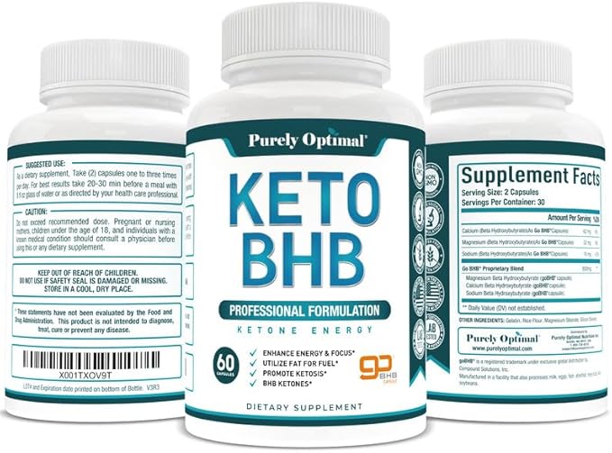Purely Optimal Keto BHB Exogenous Ketones Supplement - Keto Diet Pills for Ketosis, Energy, Focus, Metabolism - for Women and Men (120 Capsules)