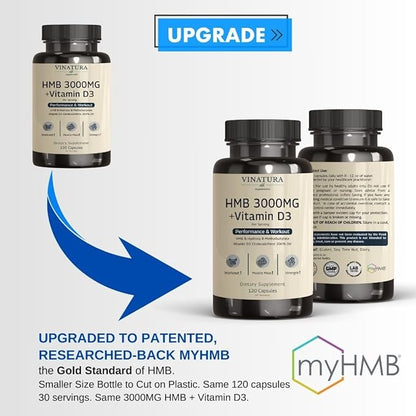 HMB 3000mg and Vitamin D3 Supplement Capsules per Serving *USA Made & Tested* Promotes Muscle Growth & Recovery - HMB Supplement and Vitamin D3 (1600 IU) - 120 Capsules 30 Servings