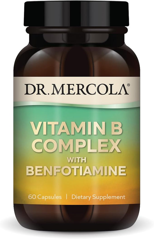 Dr. Mercola Vitamin B Complex, 30 Servings (60 Capsules), with Benfotiamine, Dietary Supplement, Supports Energy Production, Non-GMO