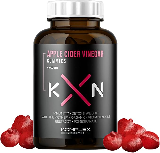 KompleX Nutrition Apple Cider Vinegar Gummies, Improve Digestion, Detox, 1000mg ACV Powder with Mother, 60 Vegan and Gluten-Free Supplement Gummies (ACV GUM)