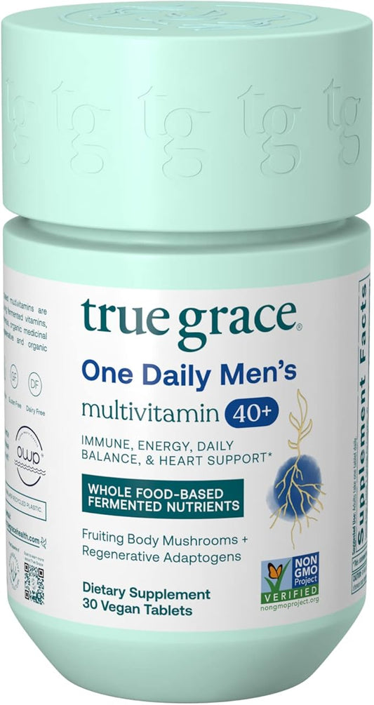 True Grace Men's 40+ One Daily Multivitamin Fermented Minerals, Organic Adaptogens & Mushrooms Whole Body Balance Immune, Endurance, Bone & Heart Support Supplement - Non-GMO - 30 Vegan Tablets