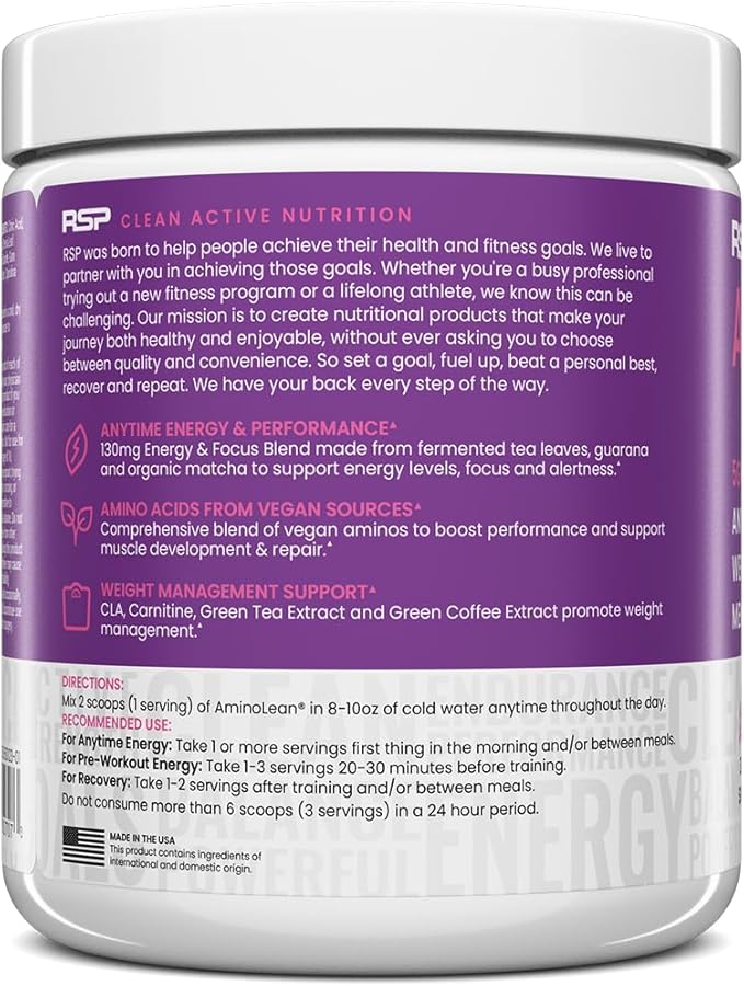 RSP AminoLean - All-in-One Natural Pre Workout, Amino Energy, Weight Management - Vegan BCAAs, Preworkout for Men & Women, Acai, 25 Serv