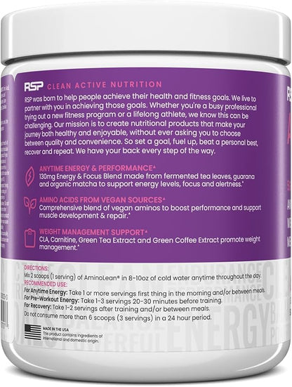 RSP AminoLean - All-in-One Natural Pre Workout, Amino Energy, Weight Management - Vegan BCAAs, Preworkout for Men & Women, Acai, 25 Serv