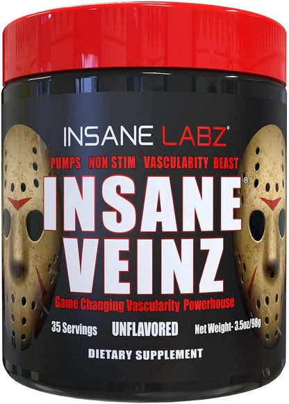 Insane Labz Insane Veinz Non Stimulant NO Enhancing Powder, Nitric Oxide Booster, Loaded with Agmatine Sulfate and Betaine Anhydrous, Increase Vascularity, 35 Srvgs