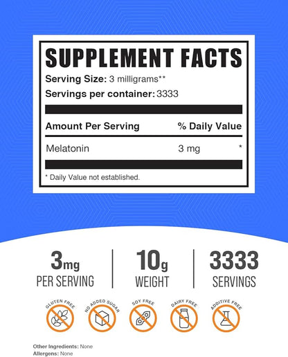 BulkSupplements.com Melatonin Powder - Sleep Supplement, Melatonin for Adults, Melatonin 3 mg - Vegan Melatonin, Pure & Gluten Free, 3mg per Serving, 10g (0.35 oz) (Pack of 1)