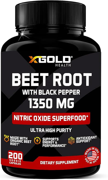 Organic Beet Root Powder 1350mg 200 Veggie caps Superfood Nitric Oxide Strongest Premium Supplement Natural Nitrates | Black Pepper for Best Benefits | Vegan, Non-GMO, & Gluten-Free | Made in USA