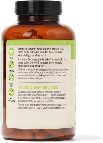 Naturewise Garcinia Cambogia - 60% HCA Concentration Extract, Natural Support for Weight Goals and Energy Levels - Vegan, Non-GMO, Gluten Free - 180 Capsules[2-6 Month Supply]