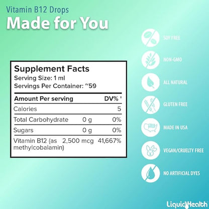 LIQUIDHEALTH Vitamin B12 Methylcobalamin Liquid Drops with Sublingual Hydroxocobalamin - Boost Energy, Support Immune System, Improve Memory & Concentration - Vegan, Sugar Free, Non-GMO (3pack)